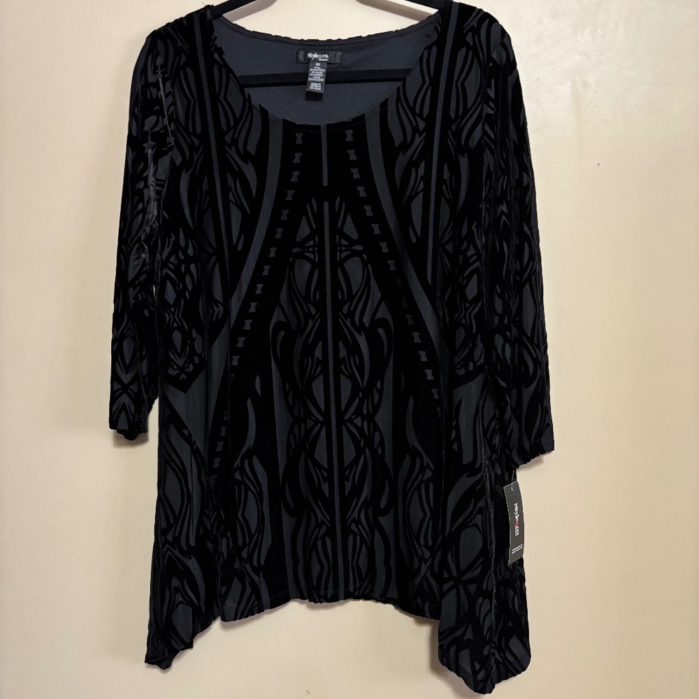 Style&Co Women's Plus 0X Black Velvet Burnout Tunic Top 3/4 Sleeve Shirt